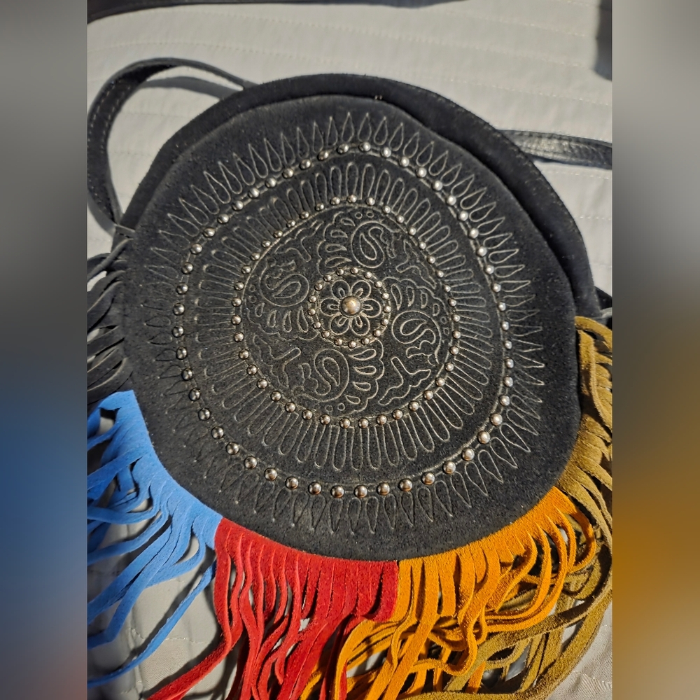Patricia Nash Black Round Crossbody Bag with Multicolor Fringe - Picture 2 of 4